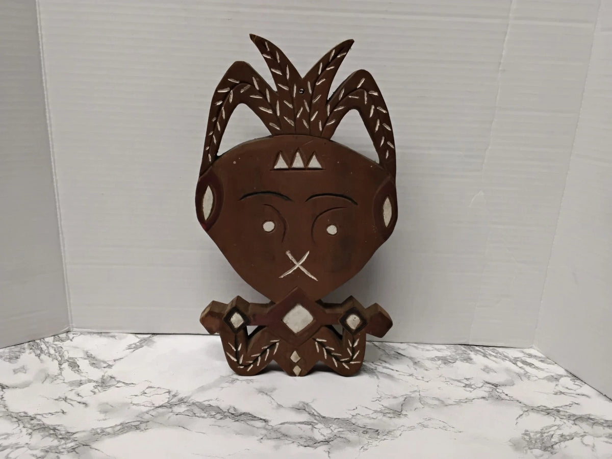Vintage Hand Carved Wooden Tribal Mask Wall Hanging Plaque Inlaid Shell Decor
