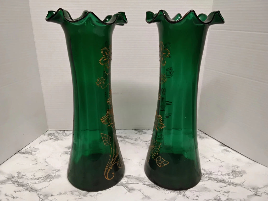 Antique Victorian Pair Bohemian Emerald Green Art Glass Vases Gold Enamel Ruffle