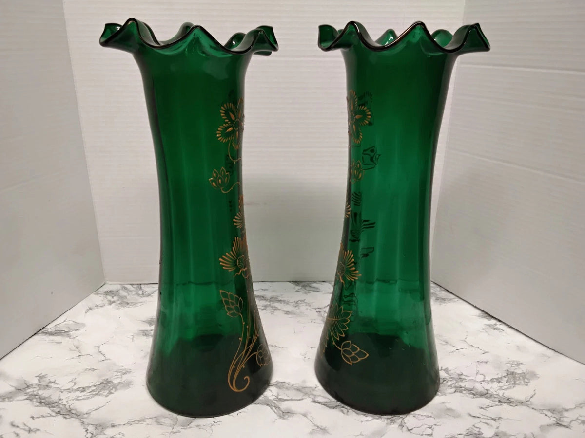 Antique Victorian Pair Bohemian Emerald Green Art Glass Vases Gold Enamel Ruffle