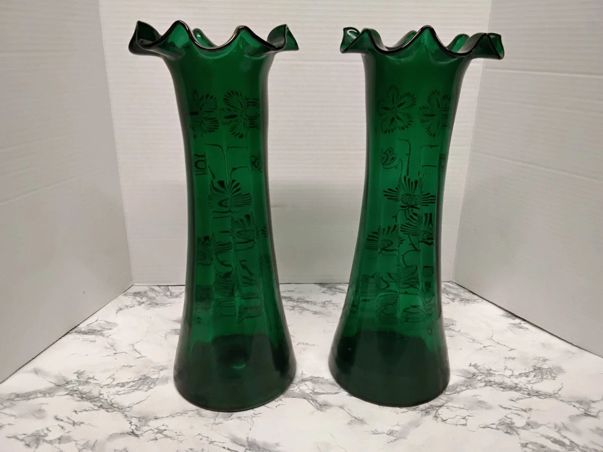 Antique Victorian Pair Bohemian Emerald Green Art Glass Vases Gold Enamel Ruffle