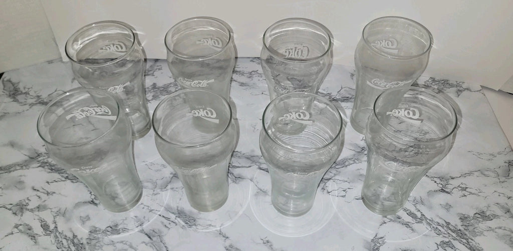 Coca-Cola Set of 8 Clear Glasses Soda Theme Branded Drinkware Advertising Sign
