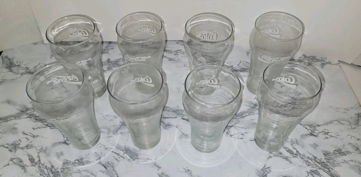 Coca-Cola Set of 8 Clear Glasses Soda Theme Branded Drinkware Advertising Sign