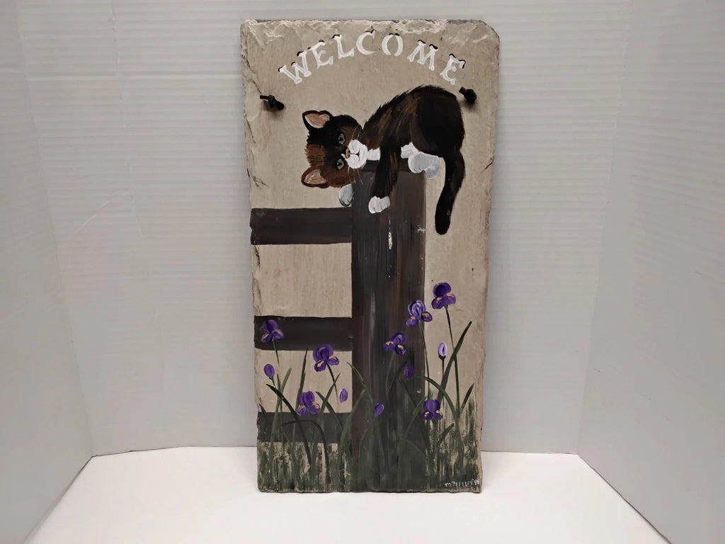 Farmhouse Slate Painted Cat Welcome Sign. Pennsylvania Folk Art