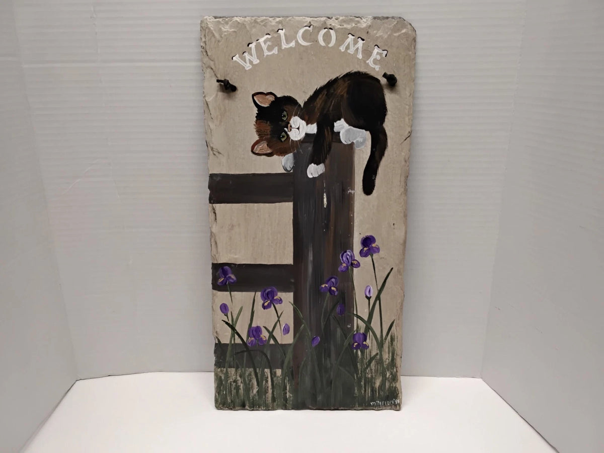 Farmhouse Slate Painted Cat Welcome Sign. Pennsylvania Folk Art