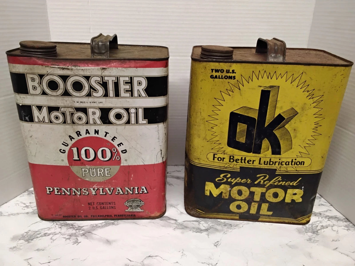 RARE Philadelphia Antique 1930s-1940s Motor Oil Cans Lot - OK & Booster 2 Gallon