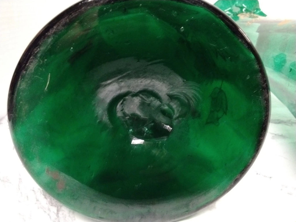 Antique Victorian Pair Bohemian Emerald Green Art Glass Vases Gold Enamel Ruffle
