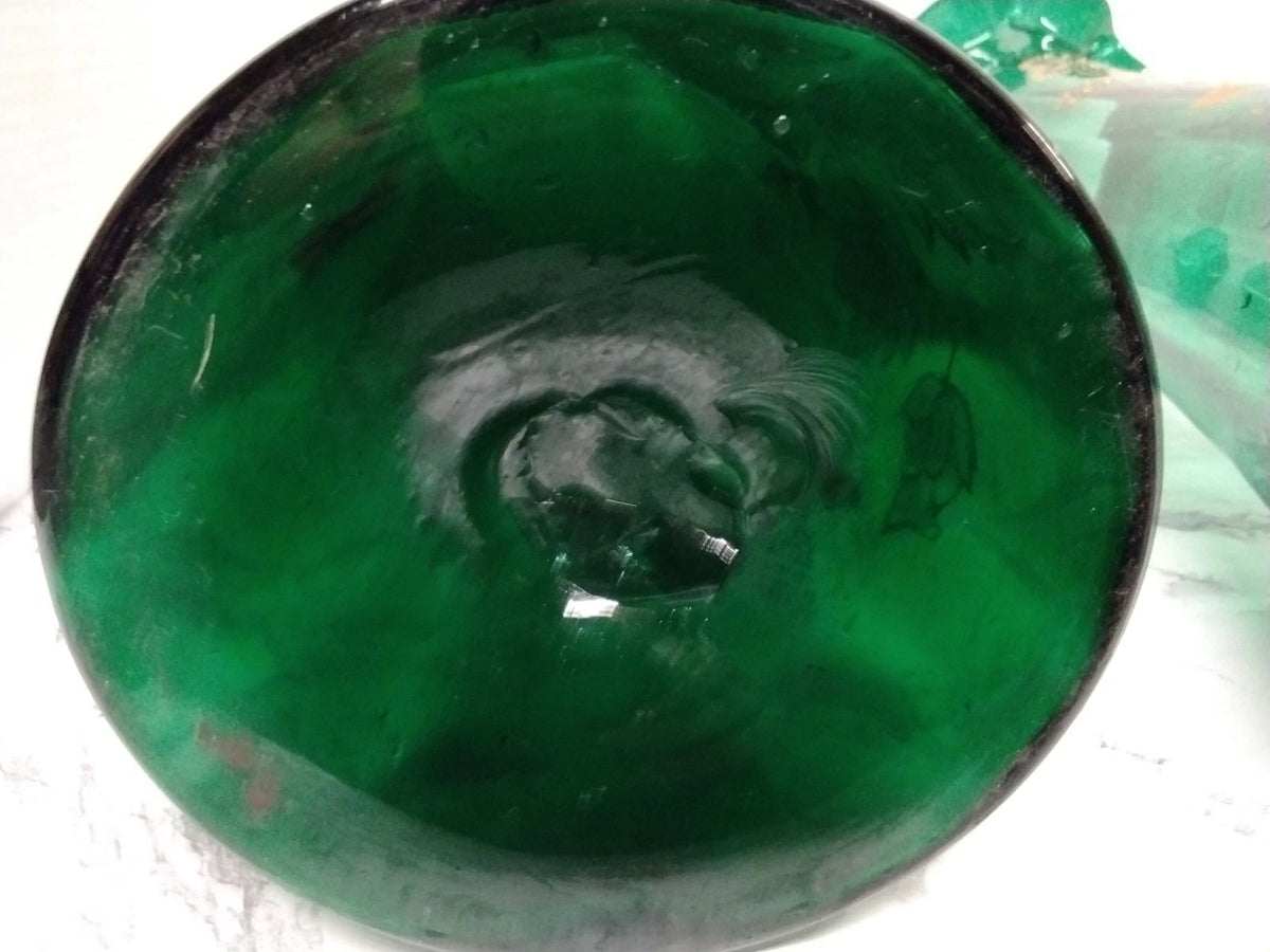 Antique Victorian Pair Bohemian Emerald Green Art Glass Vases Gold Enamel Ruffle