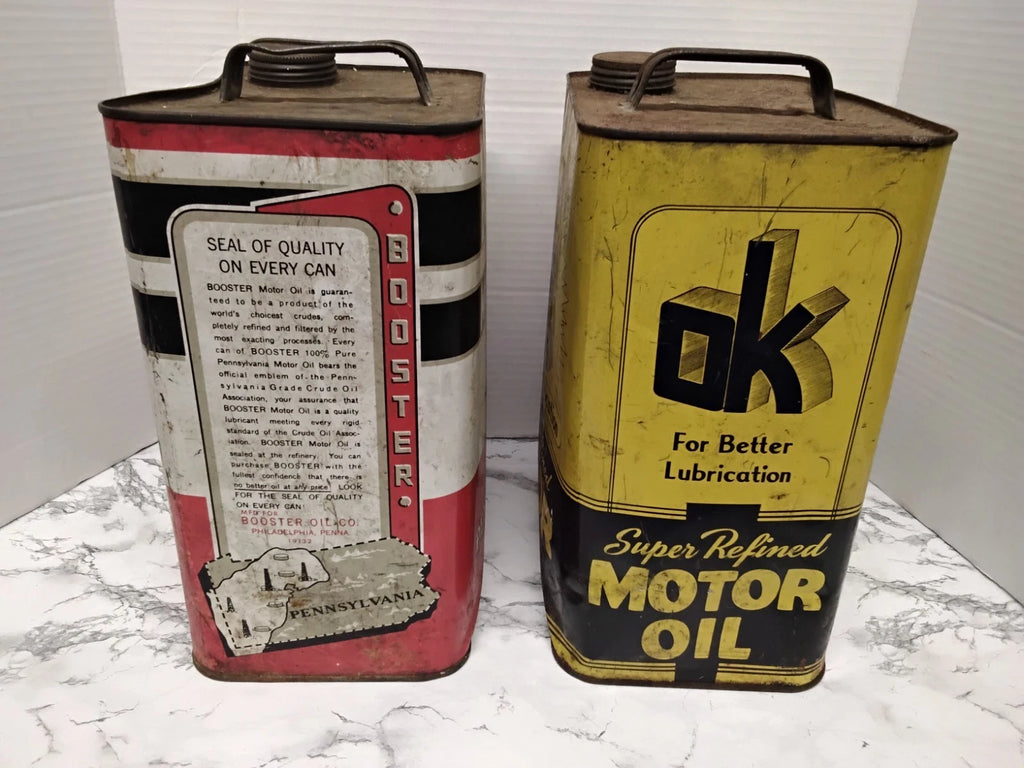 RARE Philadelphia Antique 1930s-1940s Motor Oil Cans Lot - OK & Booster 2 Gallon