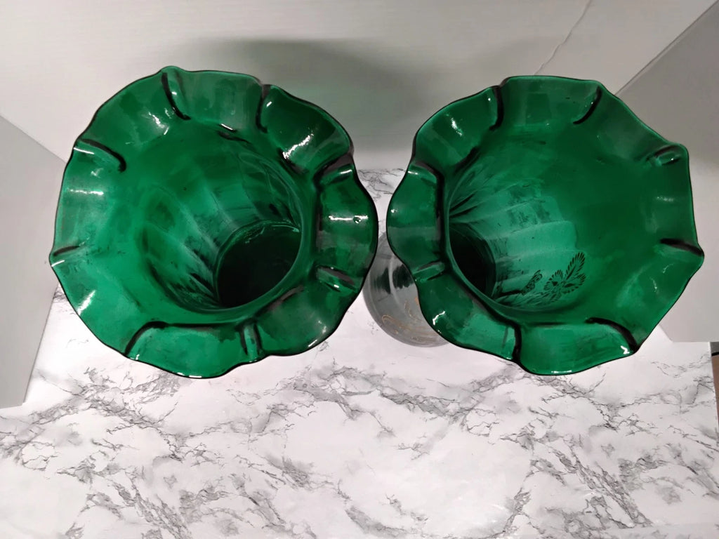 Antique Victorian Pair Bohemian Emerald Green Art Glass Vases Gold Enamel Ruffle