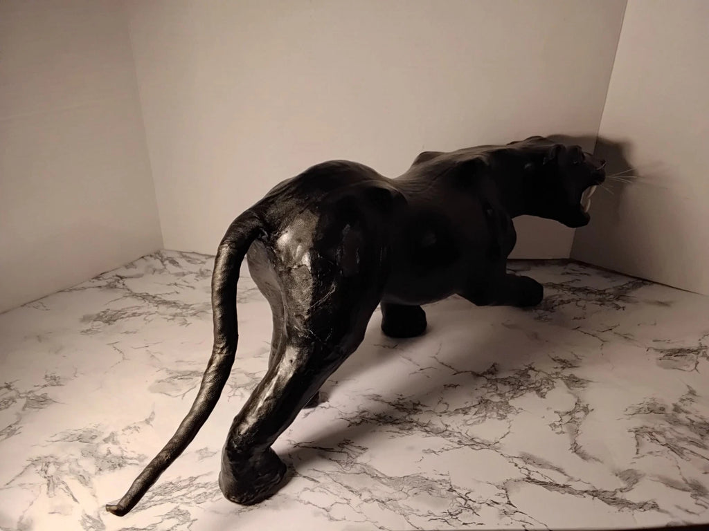 MCM Black Panther Leather Wrapped Vintage Sculpture Statue Yellow Glass Eyes