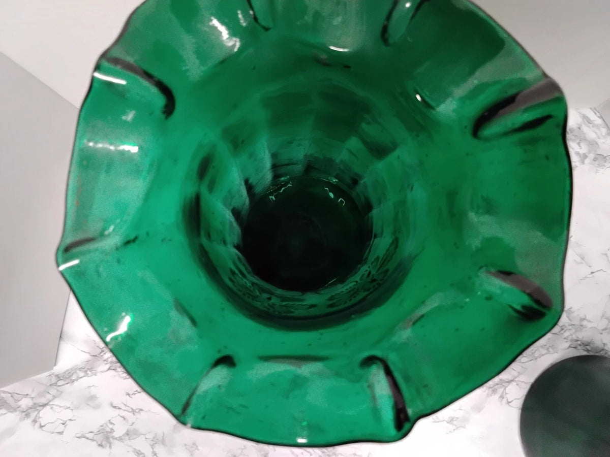 Antique Victorian Pair Bohemian Emerald Green Art Glass Vases Gold Enamel Ruffle