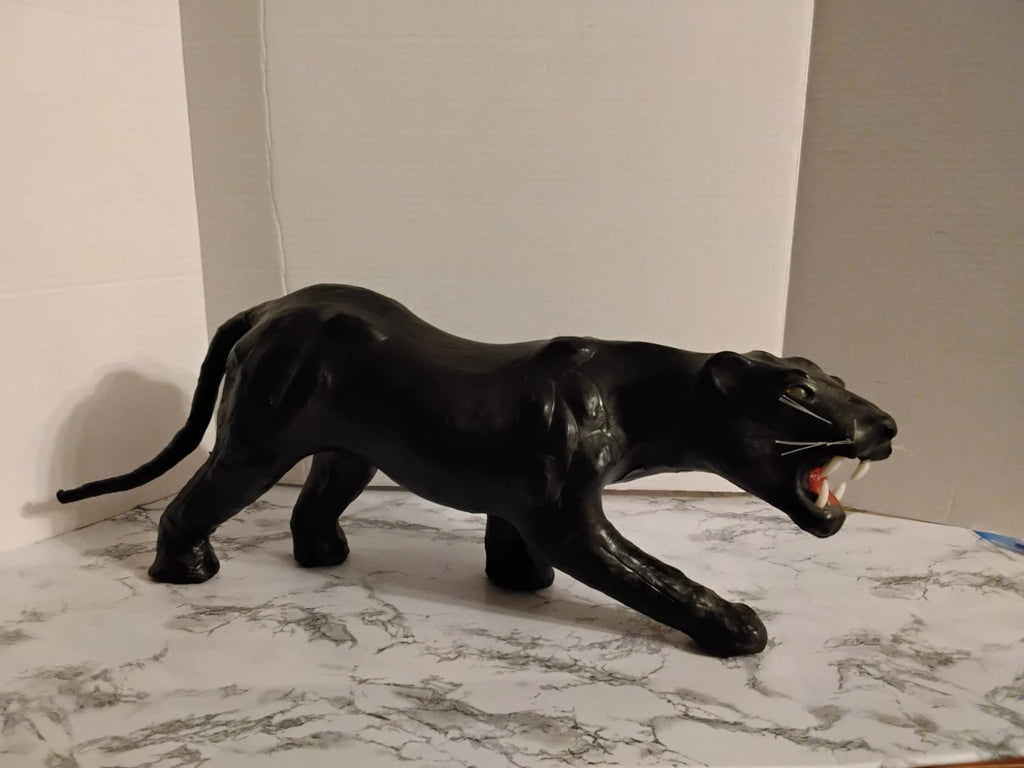 MCM Black Panther Leather Wrapped Vintage Sculpture Statue Yellow Glass Eyes