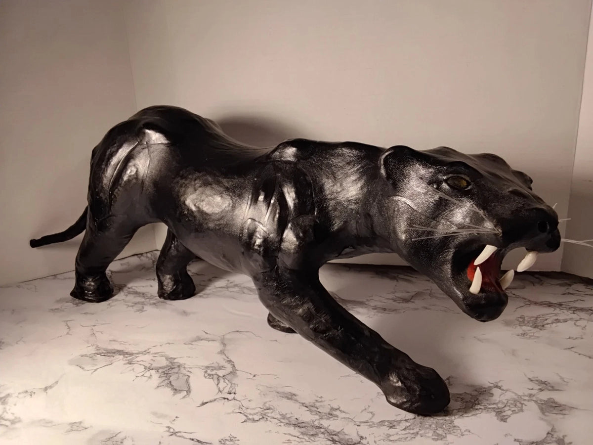 MCM Black Panther Leather Wrapped Vintage Sculpture Statue Yellow Glass Eyes