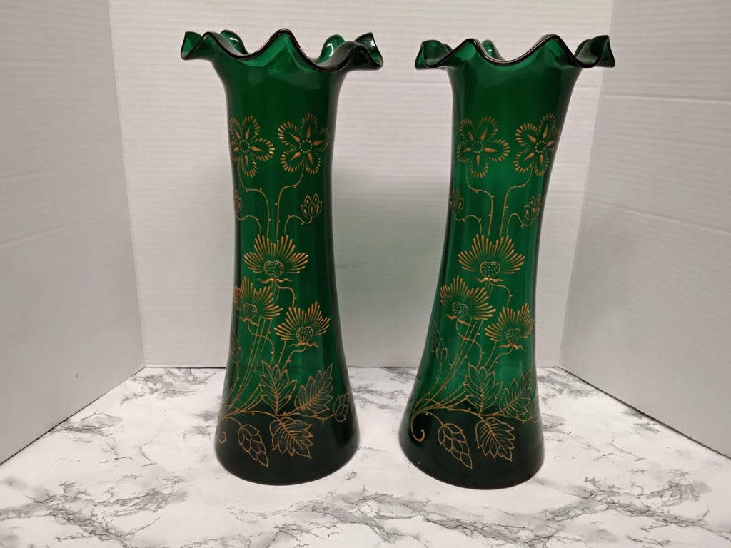 Antique Victorian Pair Bohemian Emerald Green Art Glass Vases Gold Enamel Ruffle