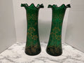 Antique Victorian Pair Bohemian Emerald Green Art Glass Vases Gold Enamel Ruffle