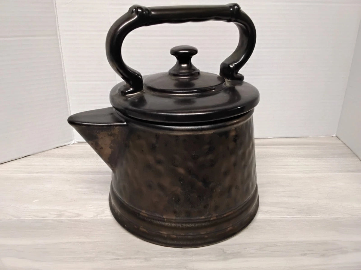 Vintage McCoy Pottery Tea Kettle Cookie Jar Antique Bronze Hammered Ceramic USA