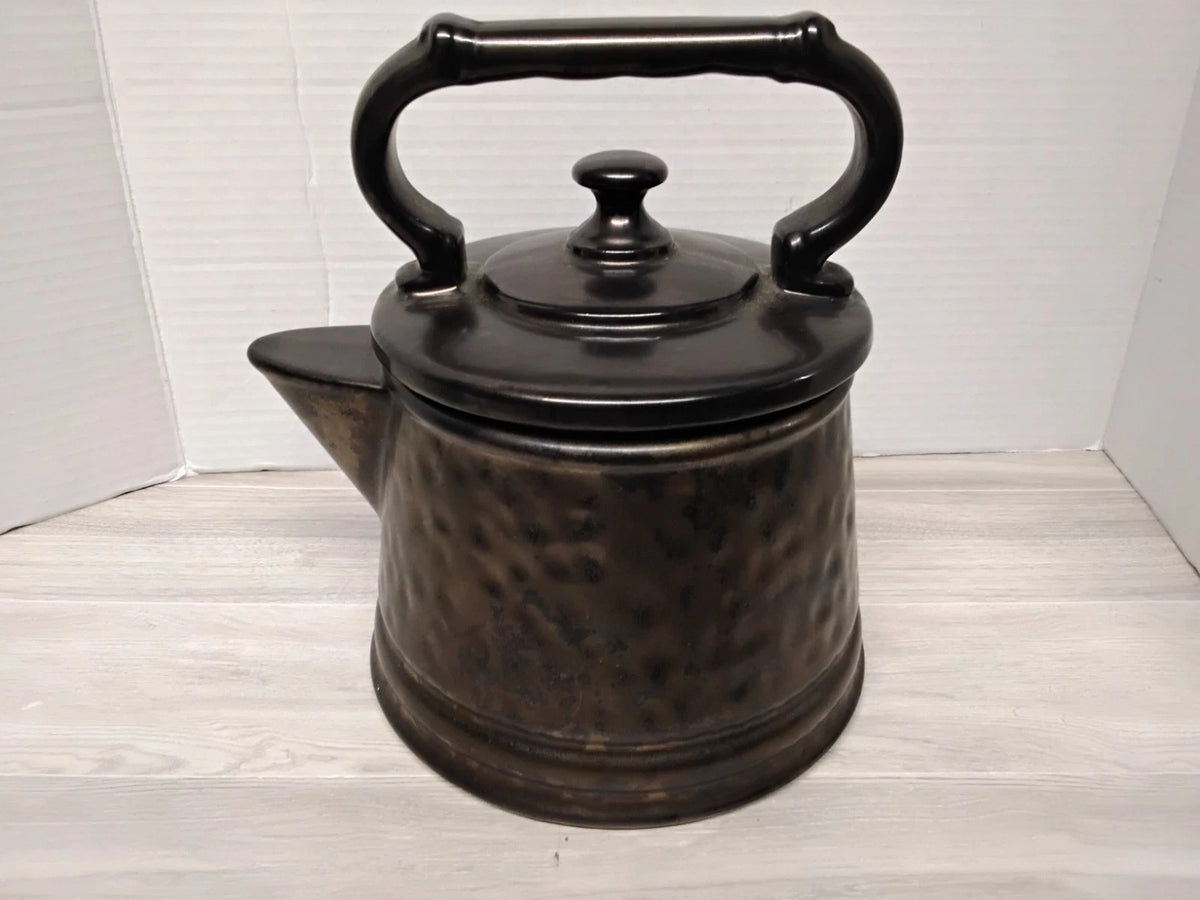 Vintage McCoy Pottery Tea Kettle Cookie Jar Antique Bronze Hammered Ceramic USA