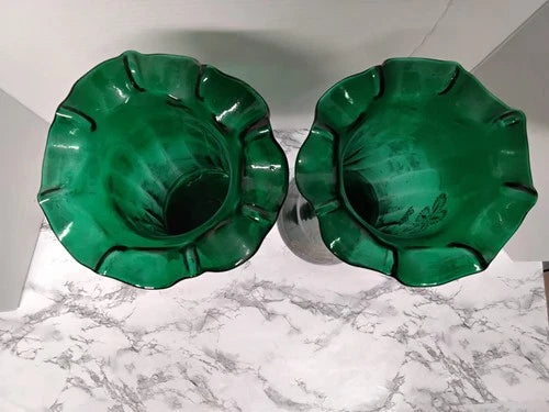Antique Victorian Pair Bohemian Emerald Green Art Glass Vases Gold Enamel Ruffle