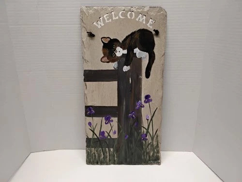 Farmhouse Slate Painted Cat Welcome Sign. Pennsylvania Folk Art