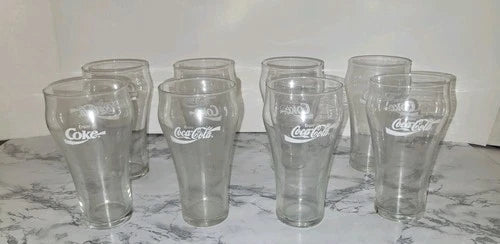 Coca-Cola Set of 8 Clear Glasses Soda Theme Branded Drinkware Advertising Sign