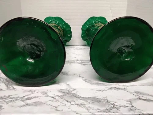 Antique Victorian Pair Bohemian Emerald Green Art Glass Vases Gold Enamel Ruffle