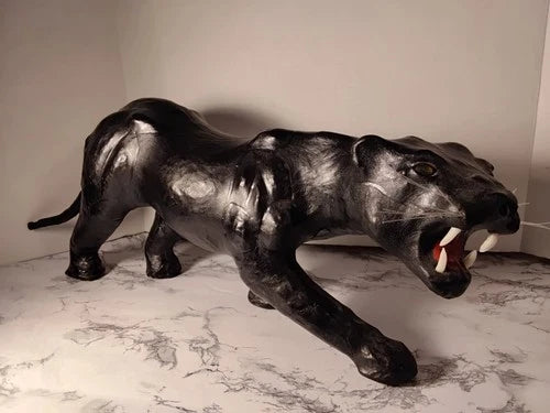 MCM Black Panther Leather Wrapped Vintage Sculpture Statue Yellow Glass Eyes