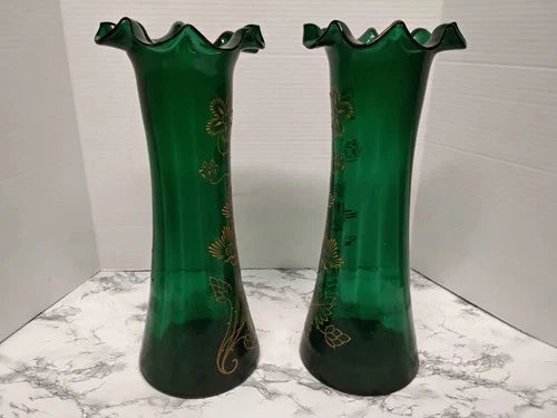 Antique Victorian Pair Bohemian Emerald Green Art Glass Vases Gold Enamel Ruffle