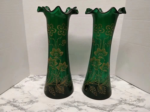 Antique Victorian Pair Bohemian Emerald Green Art Glass Vases Gold Enamel Ruffle
