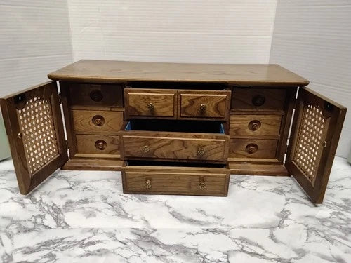Vintage MCM Faux Credenza Wooden Jewelry Box Dresser Cabinet Cane Doors