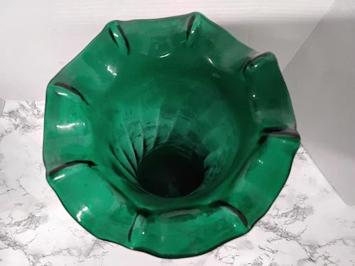 Antique Victorian Pair Bohemian Emerald Green Art Glass Vases Gold Enamel Ruffle