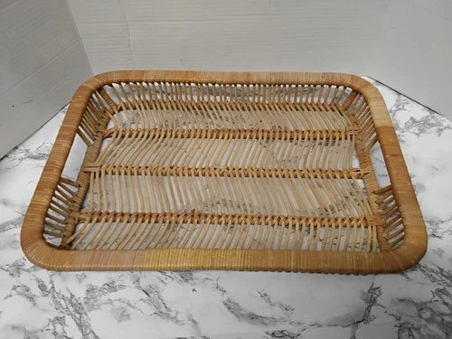 Vintage MCM Artek Finland Rattan Serving Tray  Handwoven Cane Scandinavian