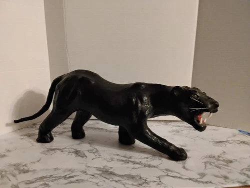 MCM Black Panther Leather Wrapped Vintage Sculpture Statue Yellow Glass Eyes