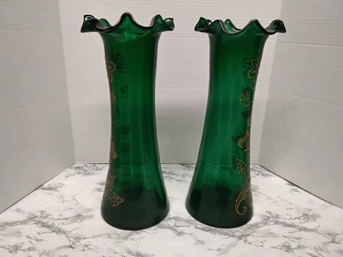 Antique Victorian Pair Bohemian Emerald Green Art Glass Vases Gold Enamel Ruffle