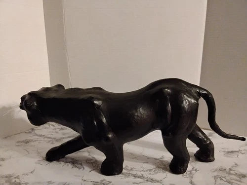 MCM Black Panther Leather Wrapped Vintage Sculpture Statue Yellow Glass Eyes