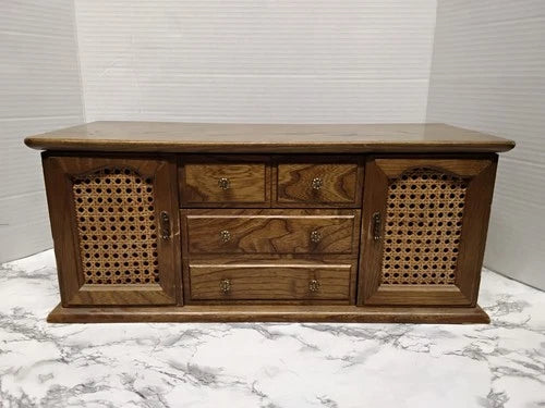 Vintage MCM Faux Credenza Wooden Jewelry Box Dresser Cabinet Cane Doors