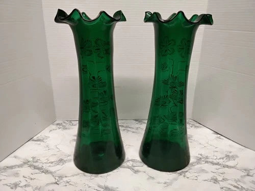 Antique Victorian Pair Bohemian Emerald Green Art Glass Vases Gold Enamel Ruffle
