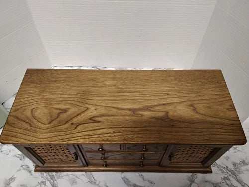 Vintage MCM Faux Credenza Wooden Jewelry Box Dresser Cabinet Cane Doors