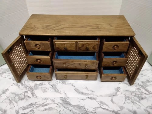 Vintage MCM Faux Credenza Wooden Jewelry Box Dresser Cabinet Cane Doors