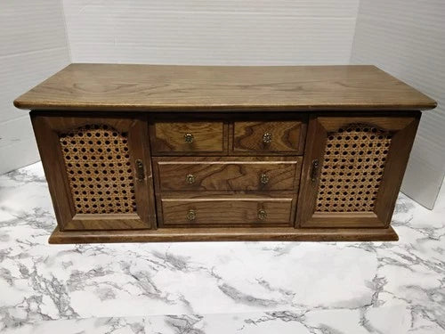 Vintage MCM Faux Credenza Wooden Jewelry Box Dresser Cabinet Cane Doors