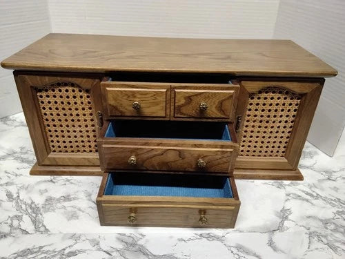 Vintage MCM Faux Credenza Wooden Jewelry Box Dresser Cabinet Cane Doors